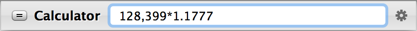 <strong>Figure 30:</strong> Calculating with LaunchBar. This is a simple calculation, but you can compute much more complex calculations as well.