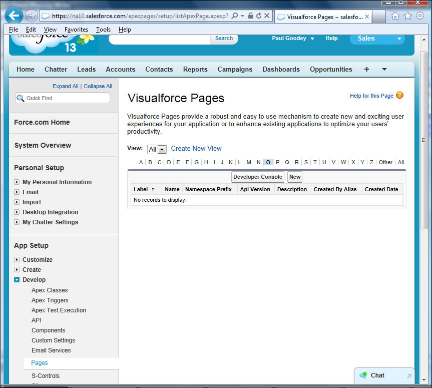 Visualforce pages setup page