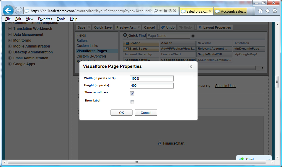 Adding the Visualforce page to the new page layout section