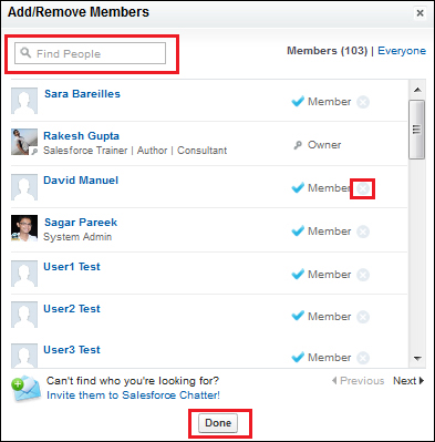 Adding/removing member(s) from the Chatter group