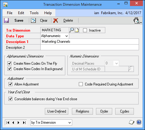 Creating transaction dimensions and dimension codes