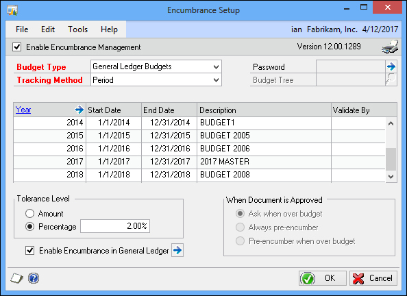 Setting up Encumbrance Management