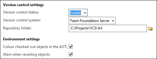 Configuring AX version control parameters to connect to TFS