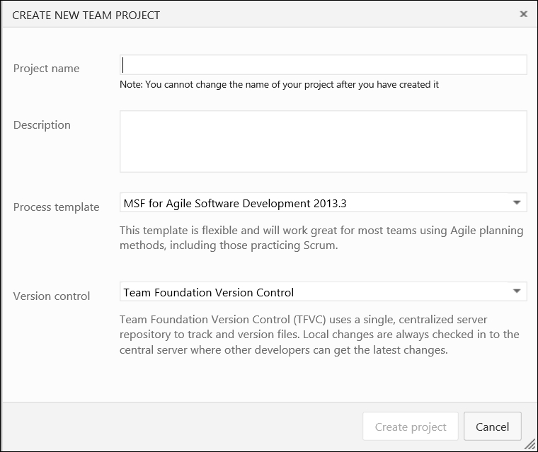 Creating a new TFS project using Visual Studio Online