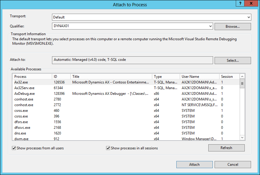 Attaching the debugger to the AOS