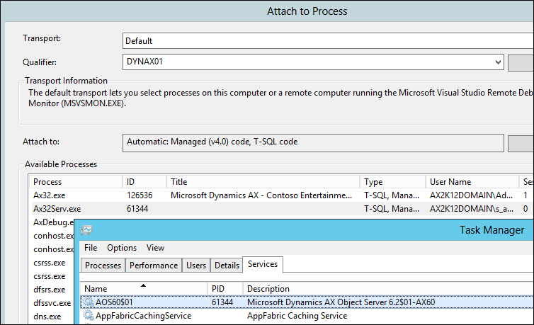 Attaching the debugger to the AOS