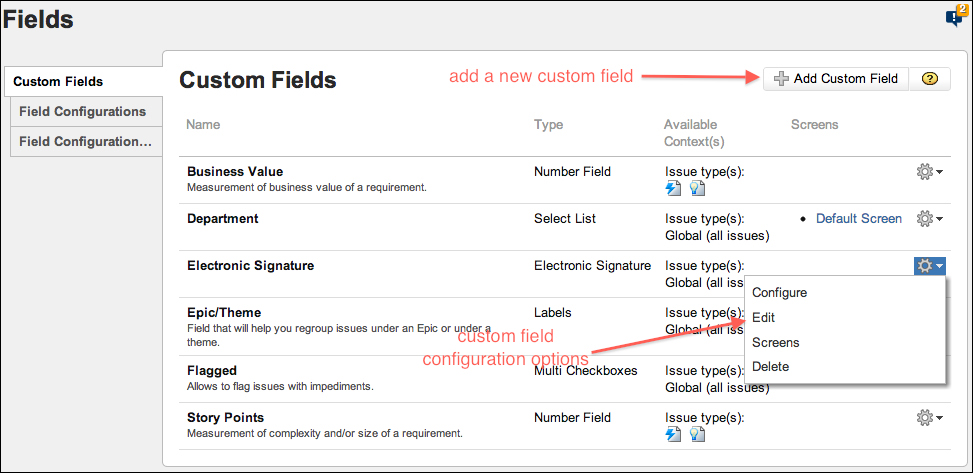 Managing custom fields