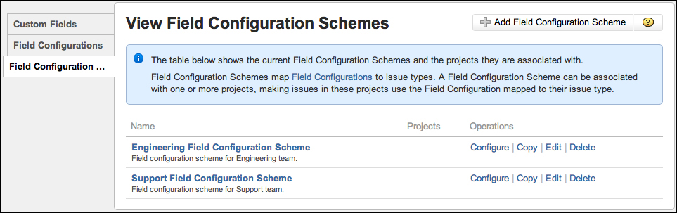 Managing field configuration schemes