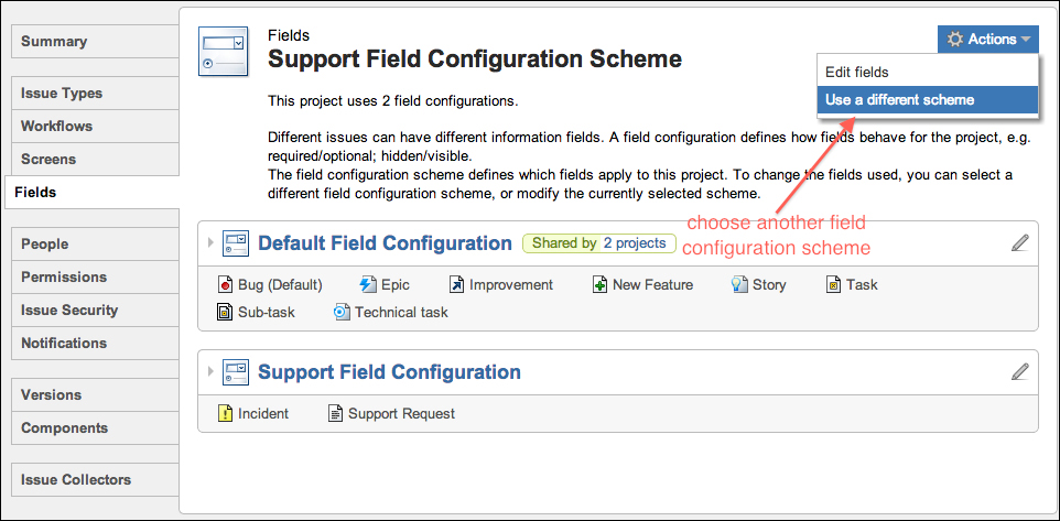 Associating a field configuration scheme with a project