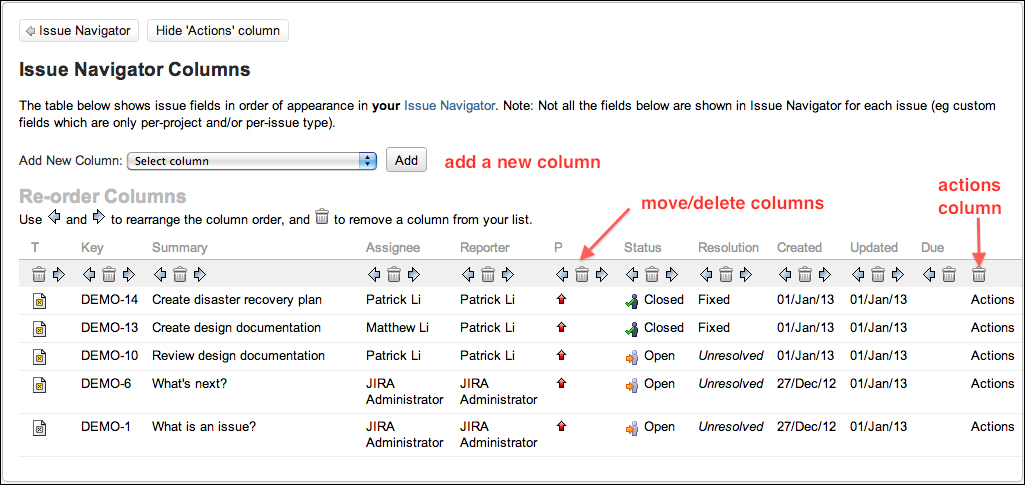 Customizing the column layout