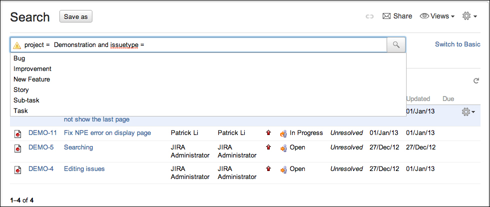 Advanced search (JQL)