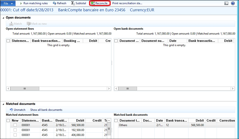 Bank account reconciliation