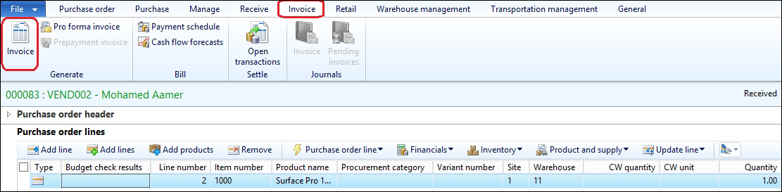 The purchase order invoice