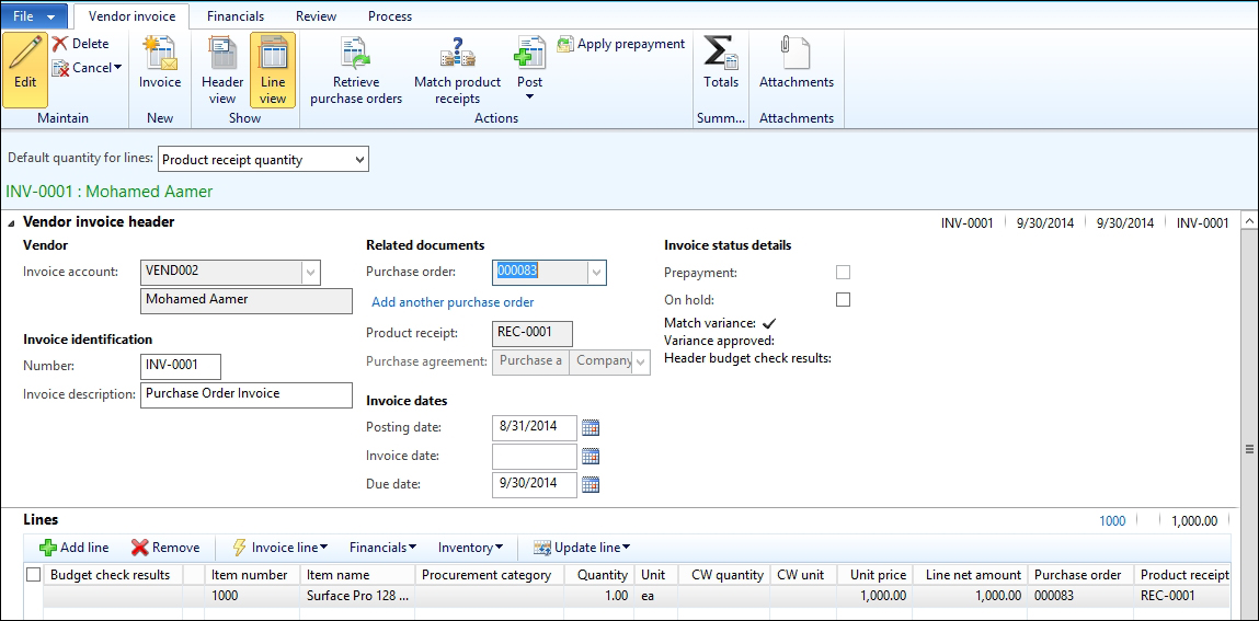 The purchase order invoice