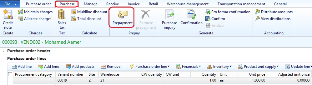 The prepayment invoice