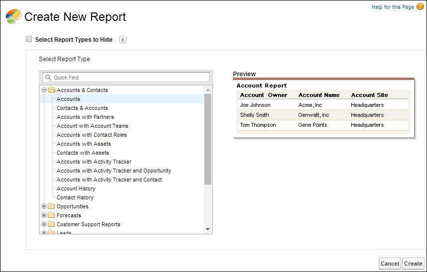 Standard report types