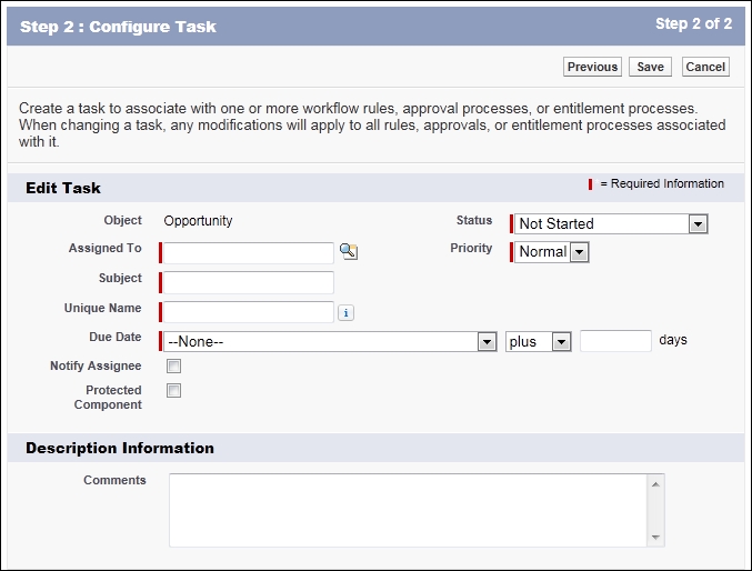 Configuring tasks for workflow rules and approval processes