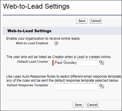 The Web-to-Lead settings