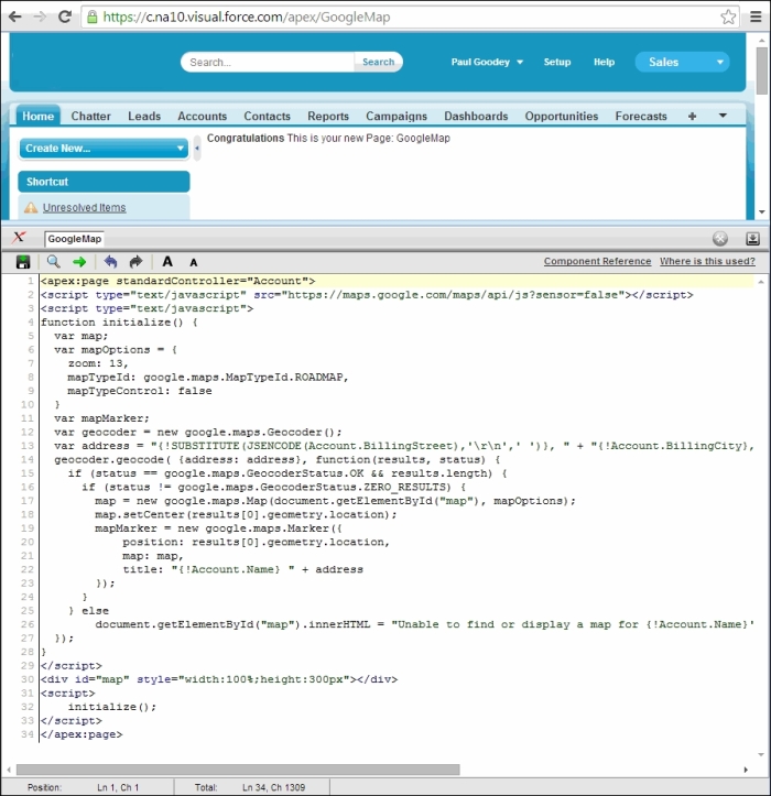 Copy and paste the Google map code and add Salesforce-specific merge fields