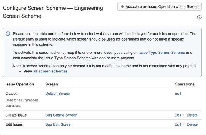 Associating screens to issue operations