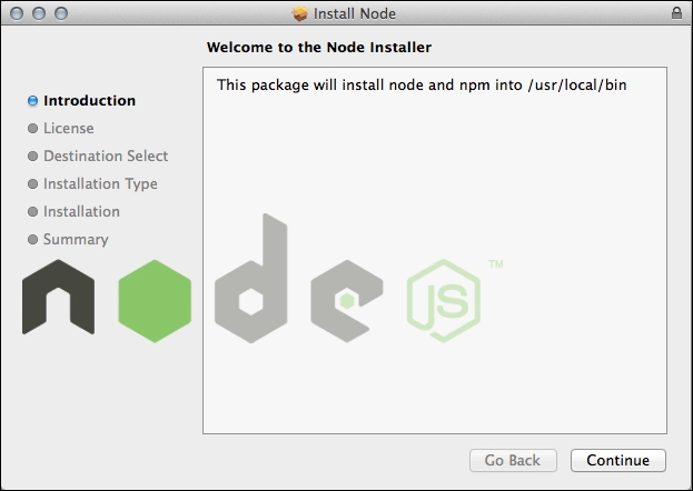 The pristine installation of Node.js via downloaded binary