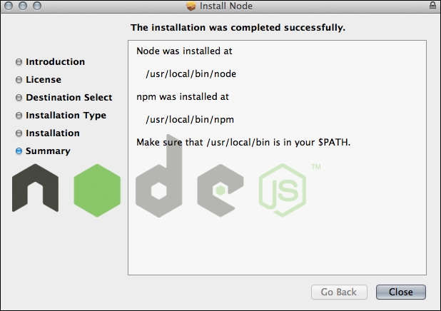 The pristine installation of Node.js via downloaded binary