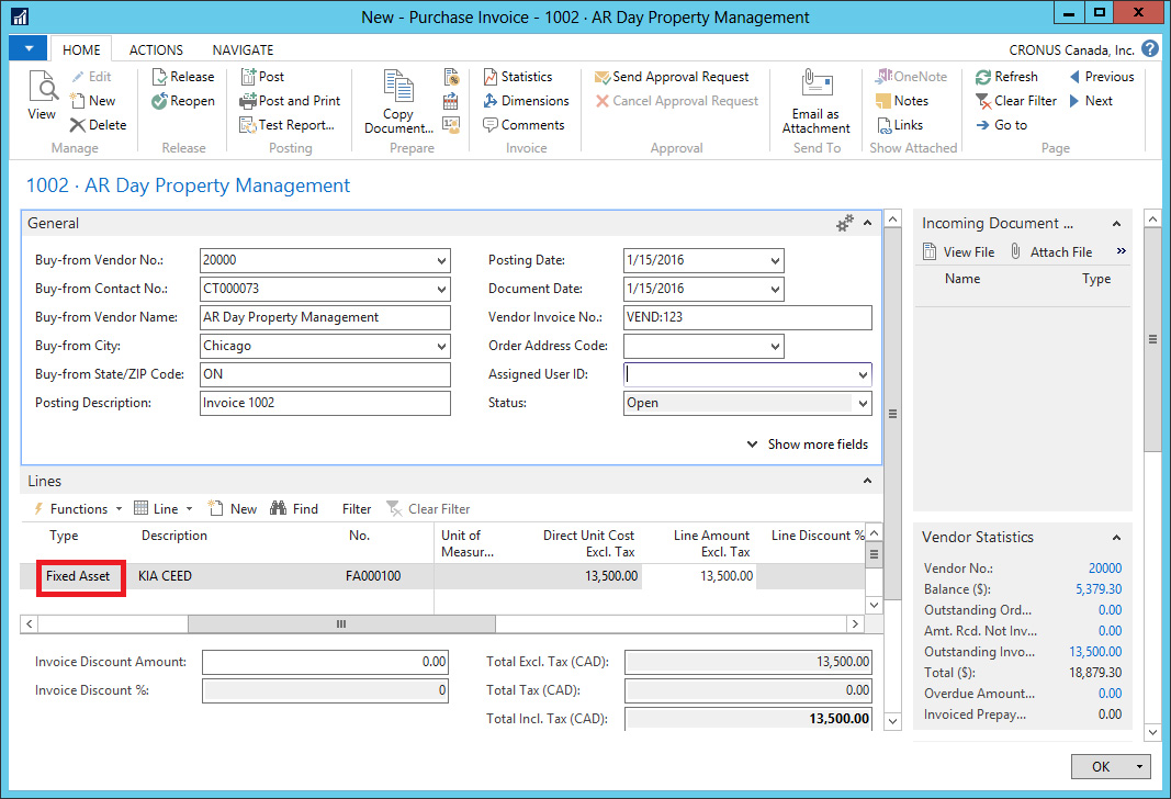 Creating a fixed asset and posting its acquisition cost