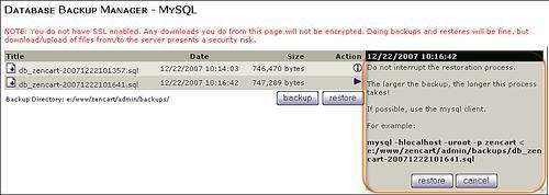 Restoring Database and FilesZen Cart shopfiles, backing up