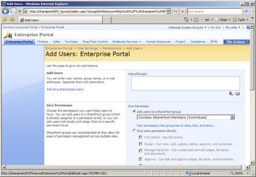 Setting user permissions for the Enterprise Portal