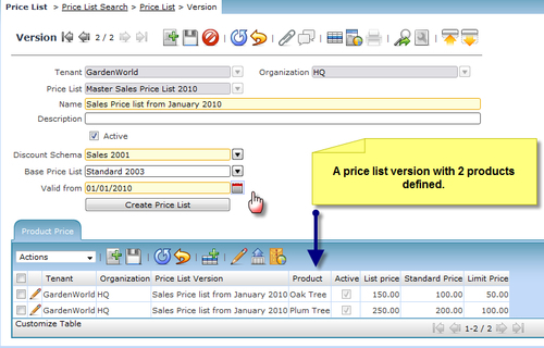 Setting Up a Price List and version