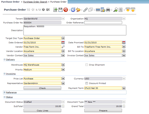 Capturing the Purchase Order