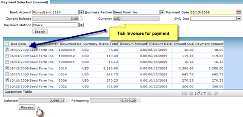 Manual selection of invoices for payment