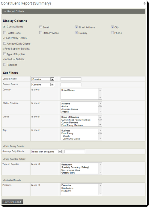 Report Criteria