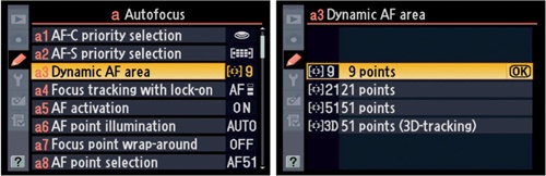 Custom setting a3 – Dynamic AF area screens