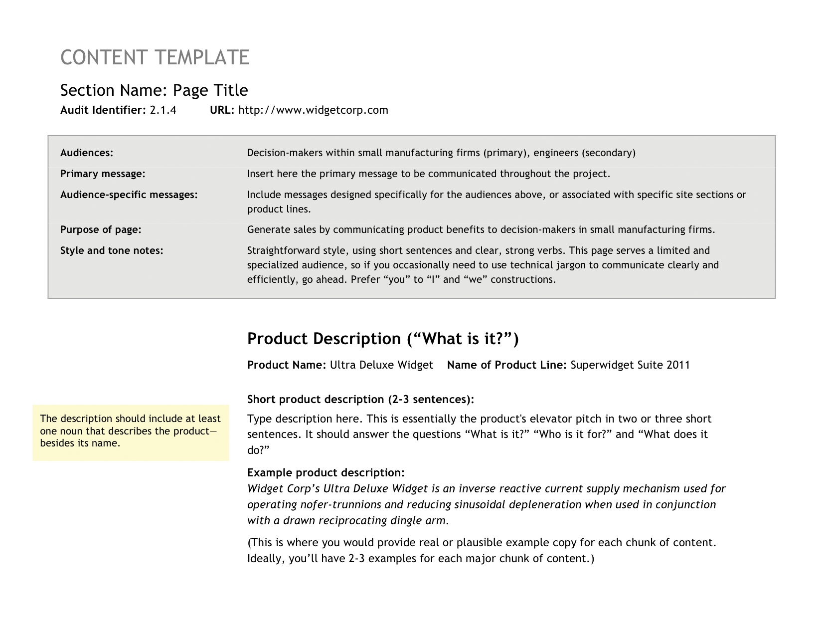 Screenshot of a Content Template, with sections for Page Title, Audiences, Product description, and other notes.