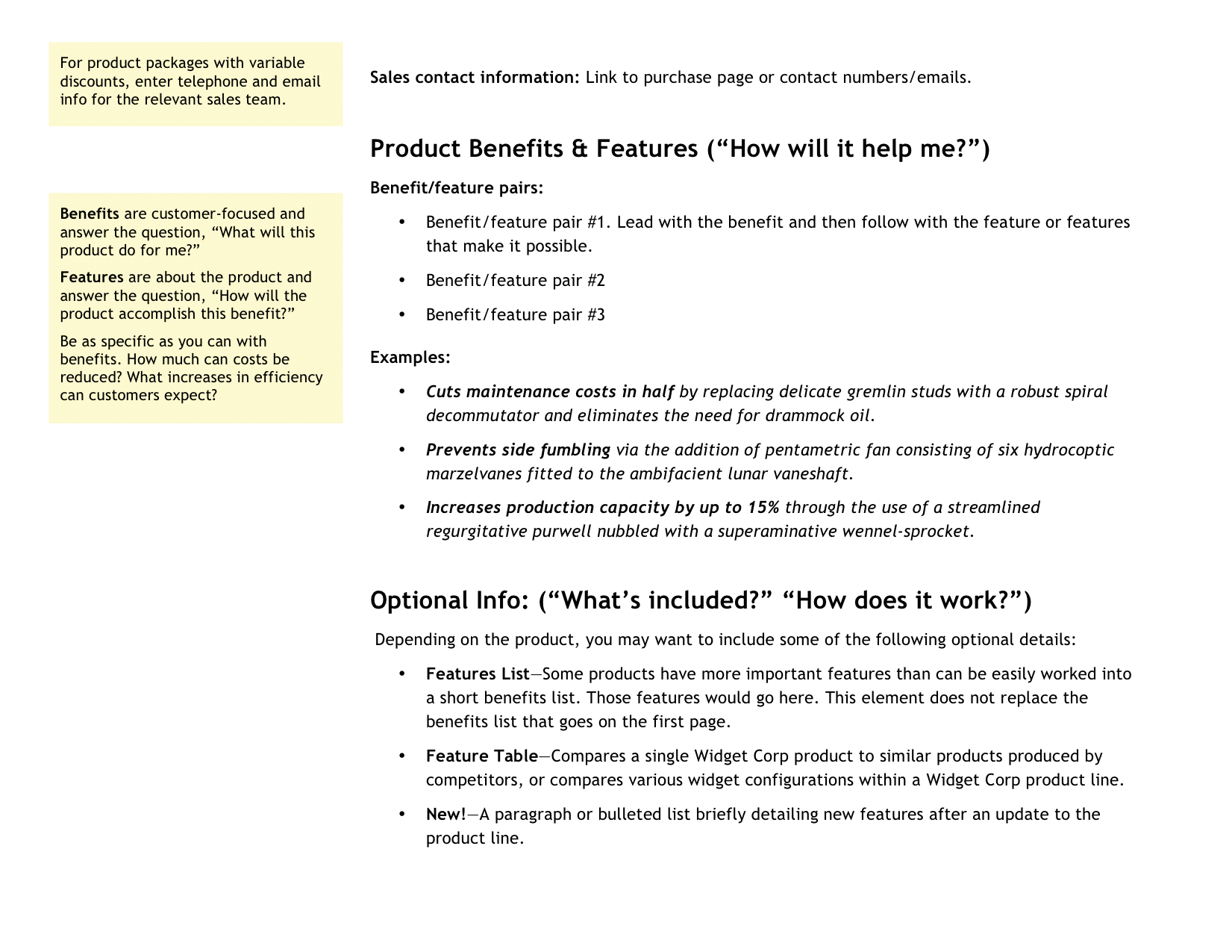 Second page of screenshot of a Content Template, with sections for Product Benefitsi, Features and Optional Info, and other notes.