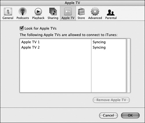 Apple TV preferences in iTunes.