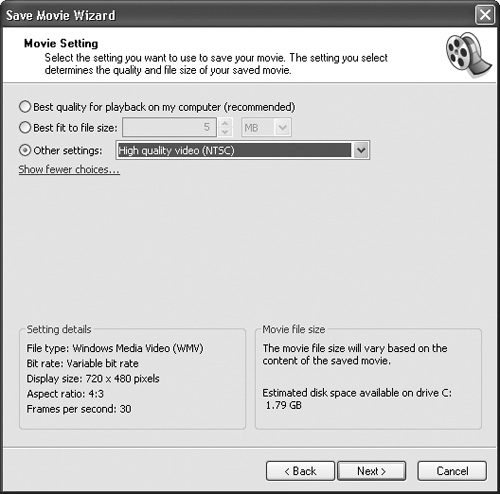 The Save Movie Wizard in Windows Movie Maker.