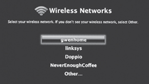 Apple TV lists nearby wireless networks.