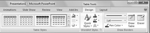 When needed, contextual tabs appear at the end of the Ribbon, as with these Table Tools tabs.