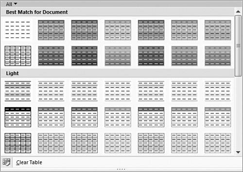 The Gallery (this one is for tables) shows you different styles that can be applied to your table with just a click (top). To see more styles (bottom), click the More button.