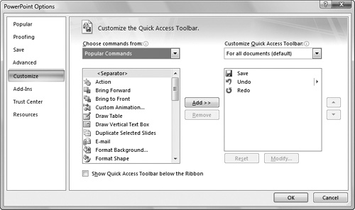 The Customize category of the PowerPoint Options dialog lets you customize the Quick Access Toolbar.