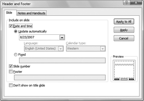 You can use the Header and Footer dialog to add a date (updated automatically in whatever date format you like, or a fixed date you enter), the slide number, or a footer with any text you want (a copyright notice, for example).