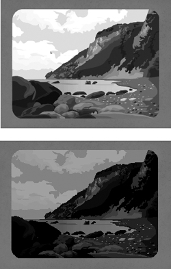 This illustration of a beach scene (top) looks more ominous with the brightness turned down (bottom).