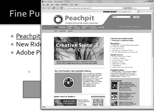 When you leave the presentation to view a Web page, your browser appears in front of the slide. Just click the slide to return to your show.