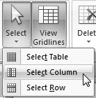 Use the Select pop-up menu to select the whole table, a row, or a column.