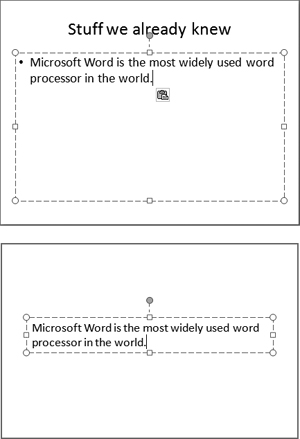 This text (top), pasted from Microsoft Word, appeared as bulleted text inside the content box of this slide layout, with the default font for the presentation’s theme. On a slide with no content box, the text appears as a free text box (bottom).