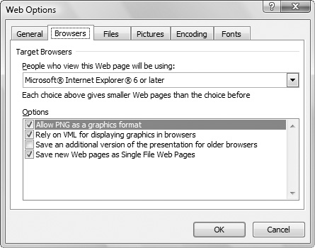 The Web Options dialog allows you to fine-tune your export settings.