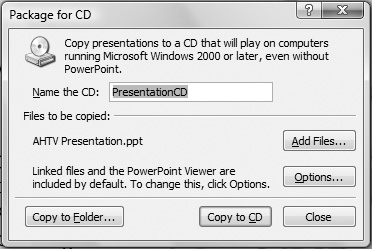 In this dialog, name the CD to be burned, and choose which files you want to include on the CD.