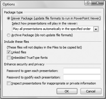 The Options dialog lets you fine-tune your CD package’s contents.